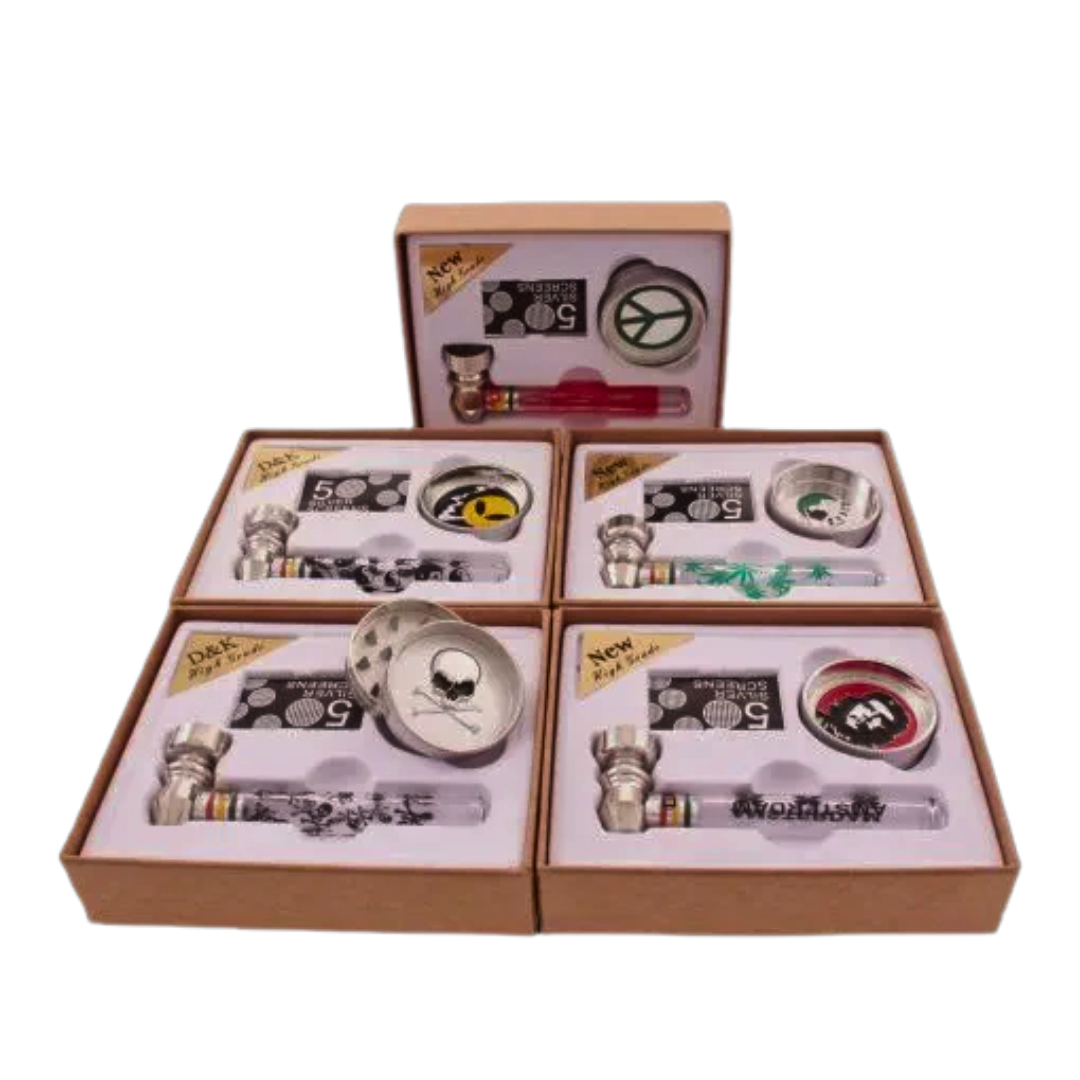 Small Boxed Gift Set Glass Pipe Metal Grinder