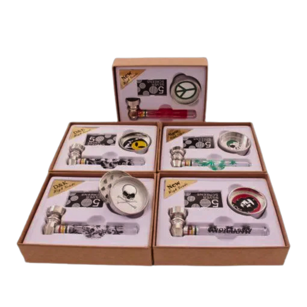 Small Boxed Gift Set Glass Pipe Metal Grinder